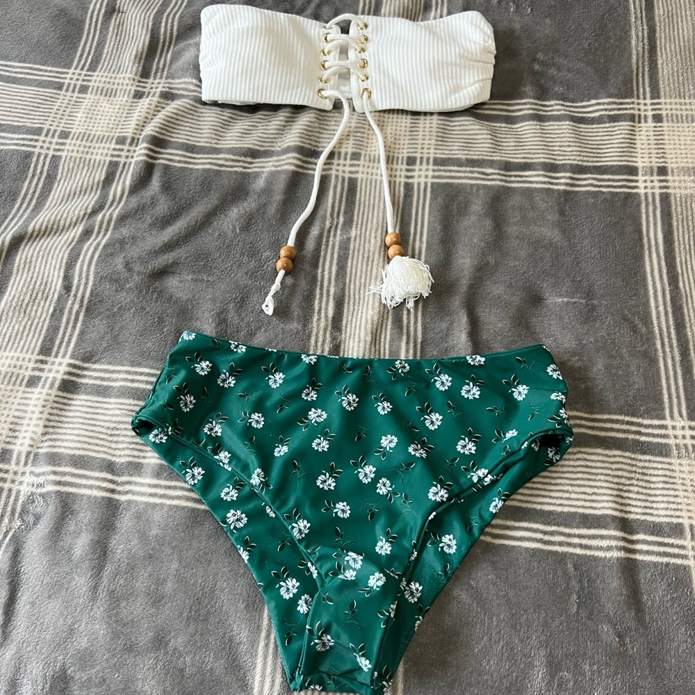 Full Bikini Set With Strings on the Top and Green Floral Bottom